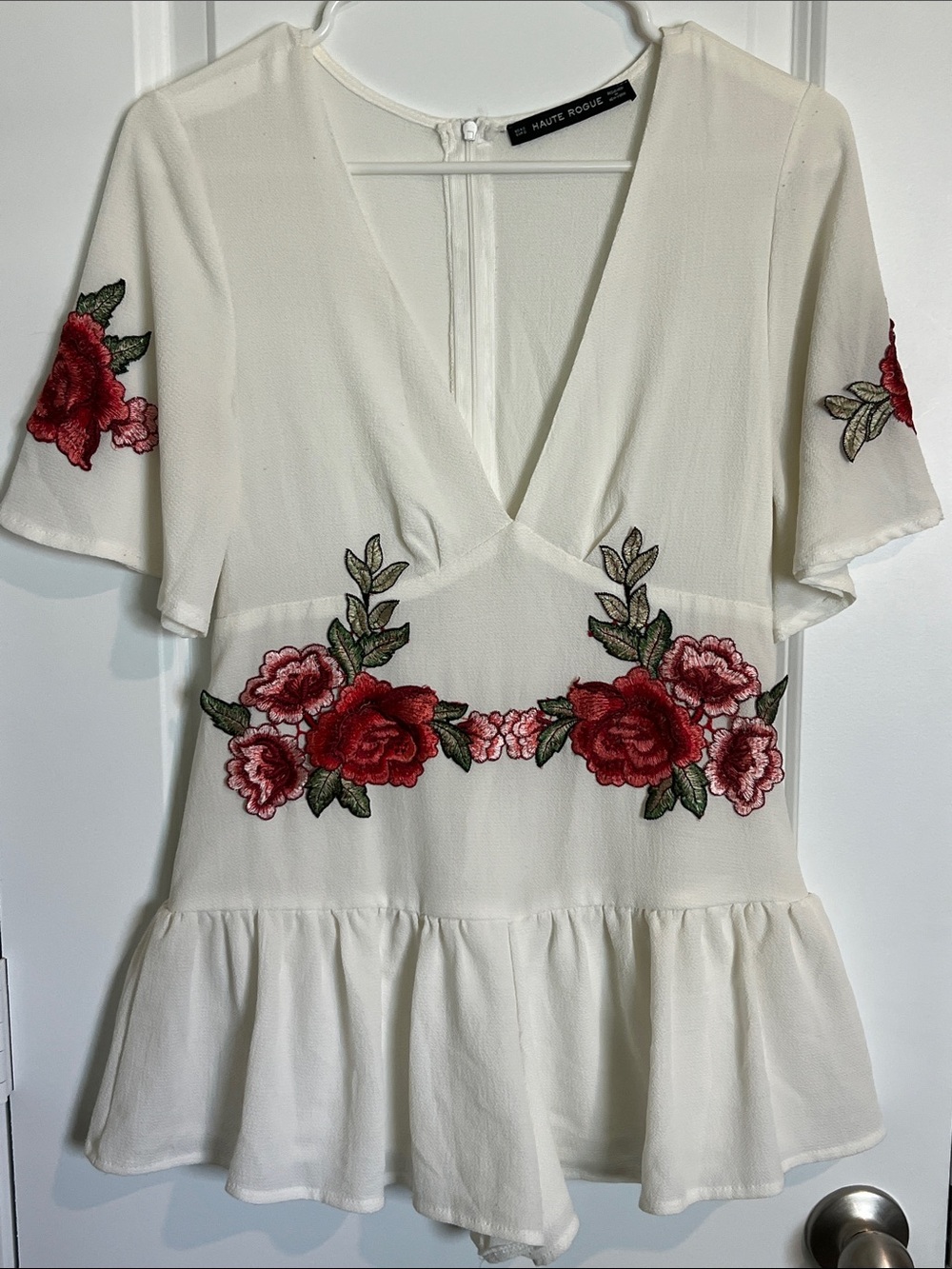 Haute Monde Cream Floral Embroidered V-Neck Bodysuit